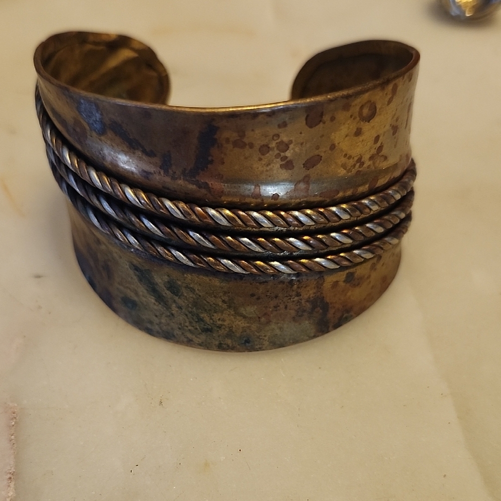 Brutalist Vintage Copper Gold Colored Cuff Bracelet Woven Design